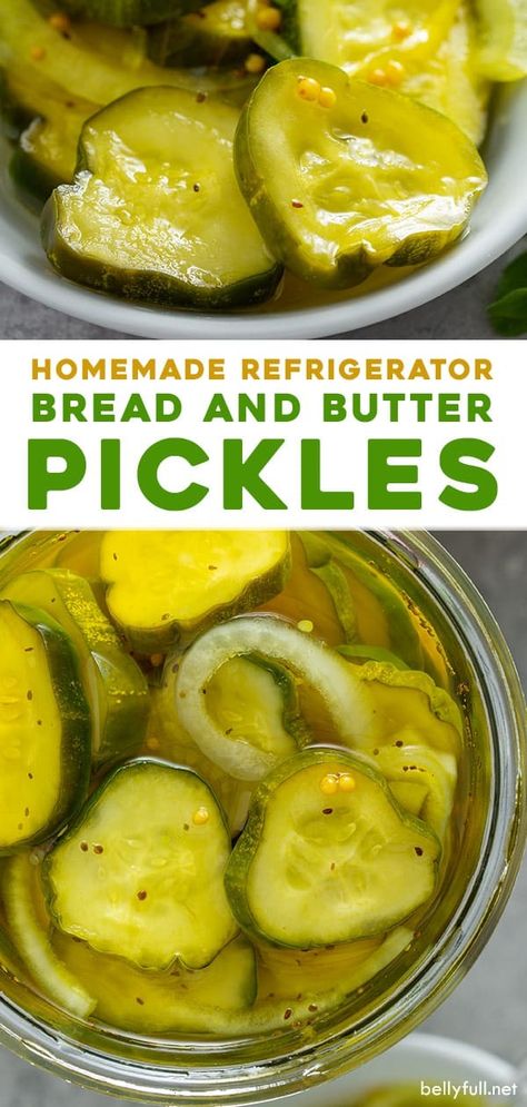 These homemade refrigerator bread and butter pickles are sweet, zesty, and crunchy. A perfect condiment for a burger or sandwich, or enjoy them as a snack on their own. This recipe is so easy and doesn't require any canning skills! Pickles Homemade Easy, Bread N Butter Pickle Recipe, Pickle Recipes Homemade, Bread And Butter Pickles, Butter Pickles, Canning Pickles, Homemade Bread Easy, Pickle Butter, Homemade Pickles