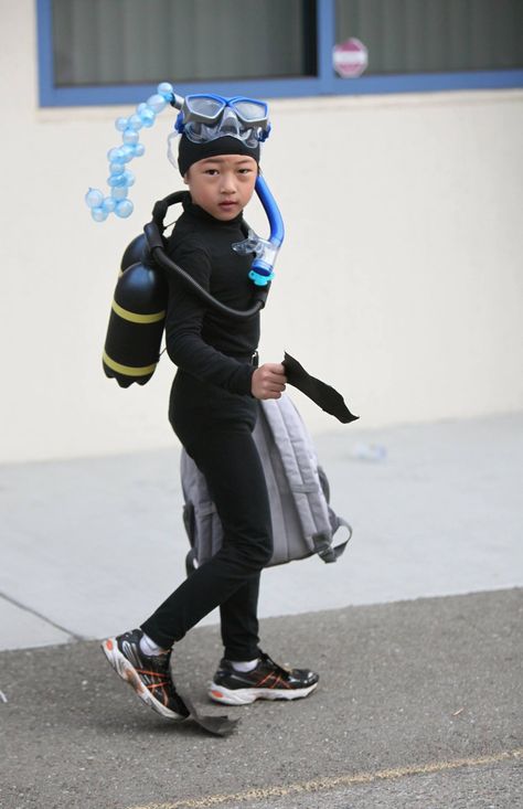 Scuba Diver (6Ys old) Scuba Diver Diy Costume, Jellyfish And Scuba Diver Costume, Diver Costume, Scuba Diver Costume, Olympics Costume, Scuba Wetsuit, Fancy Dress Competition, Sea Costume, Funny Couple Costumes