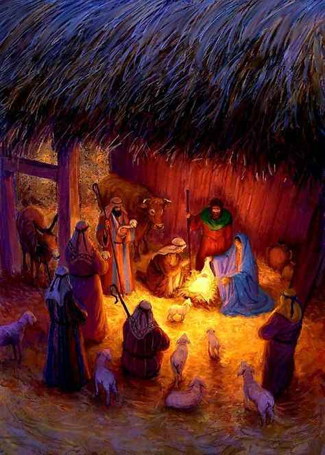 Nativity Scene of Mary, Joseph, baby Jesus and Shepherds with their sheep in the first gift of Christmas Christ Centered Christmas Traditions, Jesus In The Manger, Christ Centered Christmas, Nativity Scenes, The Nativity, Jesus Painting, Christmas Jesus, Christmas Nativity Scene, Biblical Art