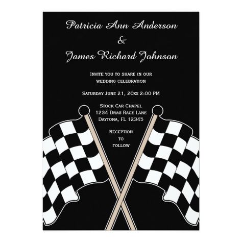 Checkered Flag Auto Racer Racing Sports Wedding This custom designed sport wedding invitation features checkered flags with white text and a black background. Great for car or motorcycle race fans, race team. mechanic or drivers. #wedding #racing #racecar Dirt Track Racing Wedding Ideas, Race Car Wedding, Nascar Wedding, Checkered Flag Wedding, Motorcycle Wedding Invitations, Racing Wedding, Car Themed Wedding, Race Wedding, Motorcycle Wedding