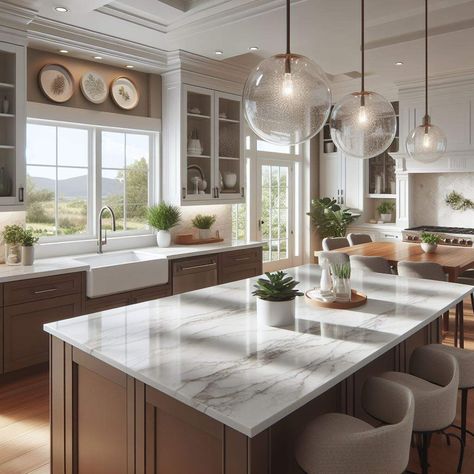 Cabinet Colors With White Quartz, Quartz Countertops With Brown Cabinets, Brown Cabinets White Counter, White Quartz Countertop Kitchen, Brown Kitchen Cabinets, Quartz Kitchen Countertops, White Counters, Brown Cabinets, Quartz Kitchen