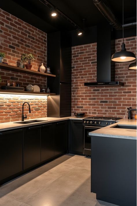 Industrial kitchen with authentic exposed brick backsplash Industrial Backsplash, Exposed Brick Backsplash, Stove Backsplash Ideas, Small Porch Decor, Concrete Backsplash, Creative Kitchen Backsplash, Kitchen Backsplash Inspiration, Backsplash Inspiration, Stone Tile Backsplash