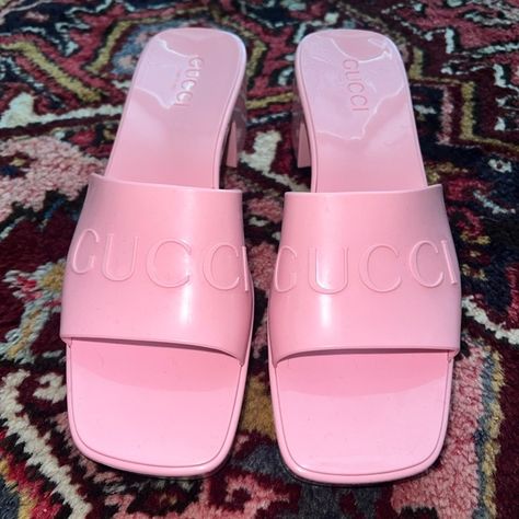 Pink gucci rubber slides Gucci Slide, Denim Slides, Ankle Tie Heels, White Platform Sandals, Block Heel Mule, Gucci Slides, Gucci Floral, Gucci Heels, Rubber Sandals