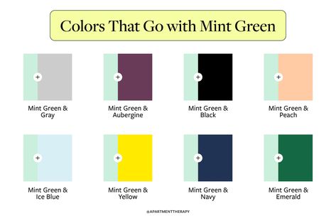 Graphic showing 8 of the best color pairings with mint green Mint Green Color Palette Colour Schemes, Mint Colour Combination, Mint Green Colour Combinations, Colors That Go With Mint Green, Mint Green Color Combinations Outfits, Mint Color Combinations, Mint Green Color Combinations, Mint Green Combination, Mint Green Color Scheme