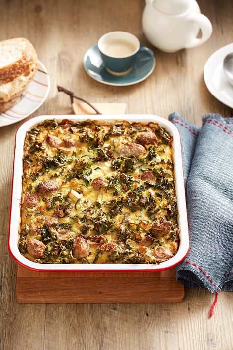 Enjoy a gourmet weekend breakfast at home by baking this easy sausage casserole chock full of nutrient-dense zucchini and kale. Easy Sausage Casserole, Creamy Potato Bake, Vegetable Bake Recipes, Sausage Casserole Recipes, Slow Cooker Recipes Dessert, Sausage Casserole, Tray Bake Recipes, Baked Dinner, Vegetable Casserole