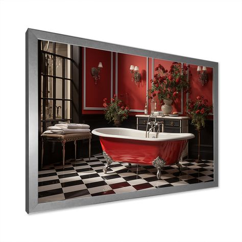 Red Modern Bathroom Charm IV On Canvas Print Laundry Wall Art, Traditional Style Decor, Bathroom Red, Red Art Print, Silver Picture Frames, White Picture Frames, Black Picture Frames, Gold Picture Frames, Wooden Planks