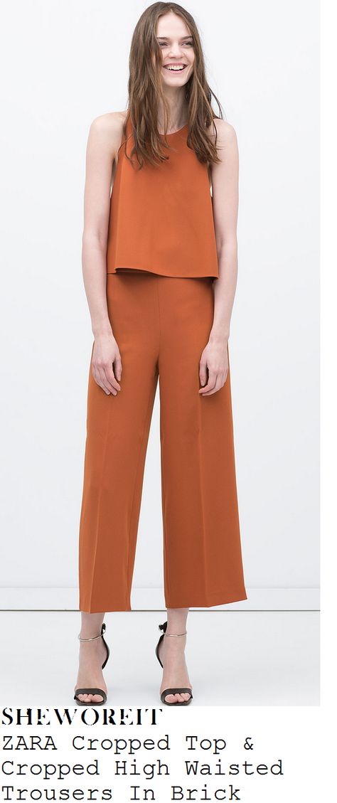 lucy-mecklenburgh- orange-sleeveless-crop-top-and-wide-leg-cropped-trousers Culotte Outfit, How To Wear Culottes, Culottes Outfit, Woman Trousers, Minimalist Moda, Outfits Nyc, Outfits New York, Look Office, Zara Outfit