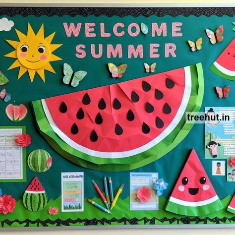 Watermelon Bulletin Board Ideas, Welcome Summer Bulletin Board Ideas Board Bulletin Ideas, Summer Season Board Decoration, Summer School Board Ideas, Summer Celebration Ideas, Summer Bulliten Board Ideas Easy, June Board Ideas, June Birthday Board Ideas, Summer Themed Bulletin Board Ideas, Summer Bulliten Board Ideas