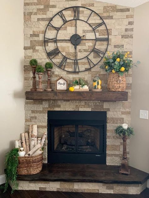 Mantel Decorating Ideas Clock, Clock On Mantle Fireplaces, Clocks Above Fireplace Mantels, Large Clock Over Fireplace, Fireplace Mantle Decor With Clock, Mantle With Clock, Mantel Decorating Ideas With Clock, Brick Fireplace Mantle Decor, Clock Above Fireplace