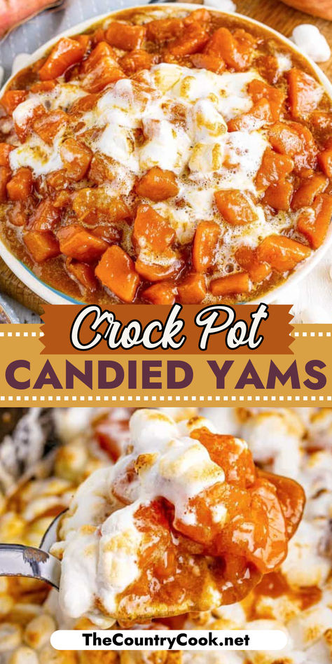 These Crock Pot Candied Yams are made with sweet potatoes, brown sugar, spices, marshmallows and make the perfect side to your holiday meal! No oven required! Best Crockpot Sweet Potatoes, Crockpot Thanksgiving Sweet Potatoes, Sweet Potatoes Crock Pot, Candied Sweet Potatoes With Canned Sweet Potatoes, Sweet Potatoes Brown Sugar, How To Make Sweet Potatoes With Marshmallows, Instant Pot Candied Yams, One Pot Sweet Potato Recipes, Best Canned Yams Recipe