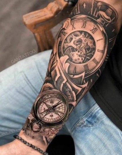 Clock With Gears Tattoo Design, Clock And Compass Tattoo, Compas Tattoo, Snake And Dagger Tattoo, Clock Tattoo Sleeve, Pocket Watch Tattoo Design, Nautical Compass Tattoo, Phoenix Tattoo For Men, Compass Tattoo Men