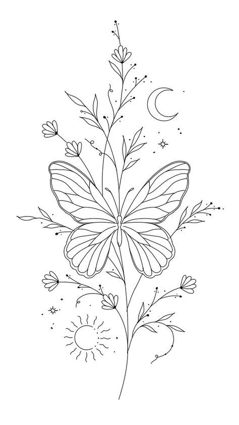 Big Tattoo Stencils For Women, Butterfly Floral Tattoo Design, Thigh Tattoos Women Outline, Butterfly Flower Tattoo Stencil, Best Tattoo Stencils, Butterfly Kisses Tattoo, Tattoo Outline Designs, Flower And Butterfly Drawing, Sleeve Stencils Tattoo Designs