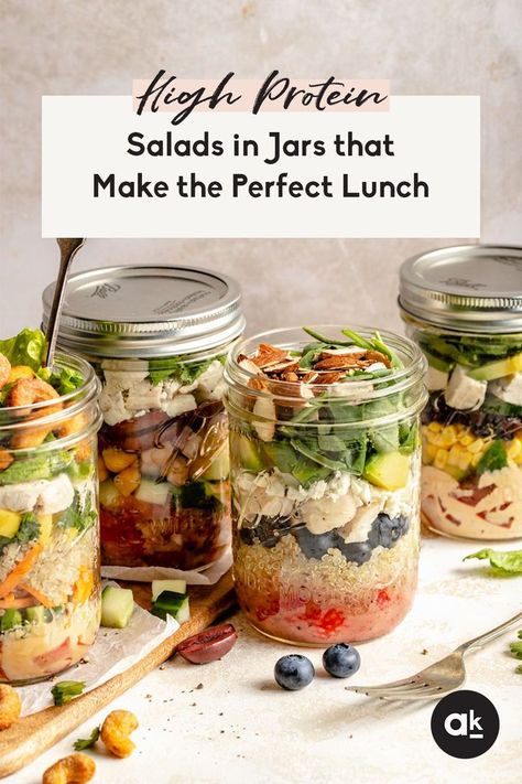 These meal prep mason jar salads make the best healthy lunch! They're packed with protein, veggies, fruits and delicious dressings that stay on the bottom so the salad doesn't get soggy. These salad jars are easy to make and customize for the perfect nutritious meal prep recipe! Mason Jar Salads Healthy, Jar Lunch Ideas, Protein Salads, Mason Jar Meal Prep, Mason Jar Lunch, Salads Healthy, Mason Jar Salads, High Protein Salads, Salad Jar Recipe