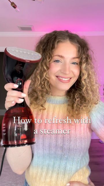 Barbara DelleMonache - CurlVitality on Instagram: "How I refresh my curly hair using just a clothing steamer. This curly hair refresh truly works like a charm, because water is MOISTURE! 💦 The best way to moisturize your hair is by… adding moisture! The clothing steamer gives you the smallest amount of moisture without wetting your hair down. Of course, make sure your steamer isn’t super hot! My steamer only goes up to 80 degrees or so, so it’s just a touch of gentle heat! #curlyhairrefre Hair Steamers For Natural Hair, Curly Hair Refresh, Conair Steamer, Hair Refresh, Clothing Steamer, Hair Steamer, Hair Steaming, Face Steamer, Hair Steamers