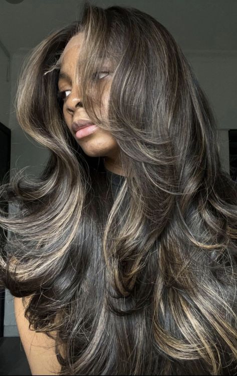 Brazilian Blowout Highlights, Black To Blonde Gradient Hair, Blowout Hair With Highlights, Soft Blonde Highlights On Black Hair, Dark Brown Hair With Blonde Highlights Black Woman, Chocolate Brown Hair Blonde Highlights, Blowout With Highlights, Mocha Balayage Hair, Dark Brown Subtle Highlights