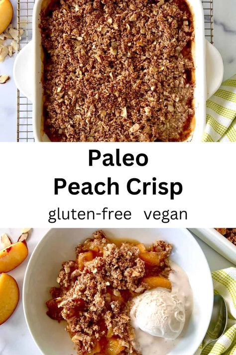 This easy Gluten-Free Peach Crisp recipe is the perfect summer dessert! A juicy, jammy layer of peaches is covered with a buttery, crumbly topping and baked until bubbly and golden brown. You can use fresh peaches or frozen peaches. And the almond flour topping has no oats! So this healthy peach crisp is also grain-free, dairy-free, refined sugar-free, vegan and Paleo friendly. Paleo Peach Crumble, Paleo Peach Crisp, Paleo Vegan Dessert, Gluten Free Peach Crisp, Healthy Peach Crisp, Grain Free Diet Recipes, Peach Crisp Recipe, Frozen Peaches, Peach Crumble