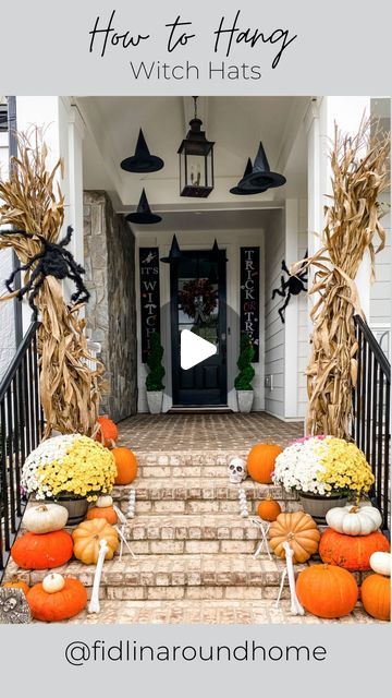 Marissa Lynn Fidler on Instagram: "The easiest way to create a ✨ magical ✨ porch for your trick-or-treaters this Halloween?! 🧙‍♀️   FLOATING WITCH HATS!! And here’s how to hang them!! 👇🏻   SAVE so you can reference when you do your decorating 👏🏻🕷️💀  1) Pole a hole at the top of the hat with a knife or scissors   2) Weave fishing wire through the hole and tie to secure   3) Last, using a step ladder (and a tall husband helps 😂) use command hooks, strong tape, or a staple gun to adhere to the ceiling! They’ll be secure for the entirety of the season 👏🏻  Note: we use a staple gun because we’re putting them on our outdoor porch and I don’t care about poking a few hole through my porch ceiling…HOWEVER, for those who care about their ceilings…use command hooks 😂  SHOP my witch hats, h Floating Witch Hats, Floating Witch, Carve Pumpkins, Porch Ceiling, 2024 Halloween, Witch Hats, Hat Decoration, Command Hooks, Halloween Goodies