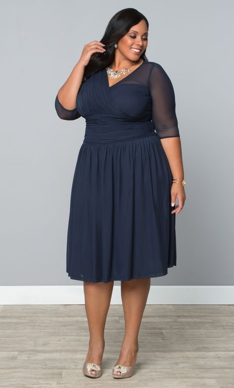 Our plus size Modern Mesh Dress is the perfect cocktail dress for any occasion with super soft mesh and in a beautiful navy blue. www.kiyonna.com #KiyonnaPlusYou #MadeintheUSA #SemiFormal Long Navy Blue Bridesmaid Dresses, Blue Dress With Sleeves, Outfits For Night Out, Navy Blue Bridesmaid, Plus Size Bridesmaid Dresses, Below The Knee Dresses, Dress Dark Blue, Sukienki Plus Size, Navy Blue Bridesmaid Dresses