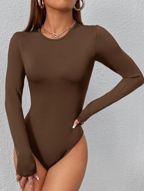 Mocha Brown Casual Collar Long Sleeve Fabric Plain Tee Embellished High Stretch  Women Clothing Casual Bodysuit, Bodysuit Jumpsuit, Plain Tees, Mocha Brown, Spring Women, Womens Bodysuit, Long Sleeve Casual, Long Sleeve Knit, Body Positivity