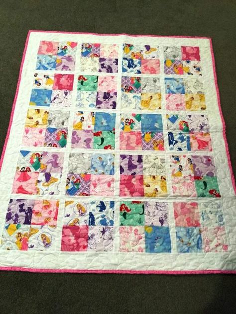 Lap quilt made with Disney Charm Pack Disney Princess Quilt Pattern, Princess Quilt Ideas, Barbie Quilt Ideas, Disney Quilt Patterns, Disney Quilts Ideas, Barbie Quilt, Princess Quilt Pattern, Disney Quilts, Disney Princess Quilt