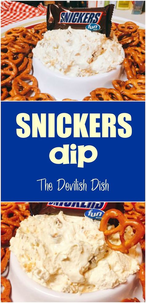 Sweet Tailgate Treats, Gf Tailgate Food, Snicker Dip Recipe, Sweet Dip For Pretzels, Pretzels And Dip, Sweet Pretzel Dip, Trivia Food Snacks, Pretzel Dip Recipes Sweet, Trivia Snack Ideas