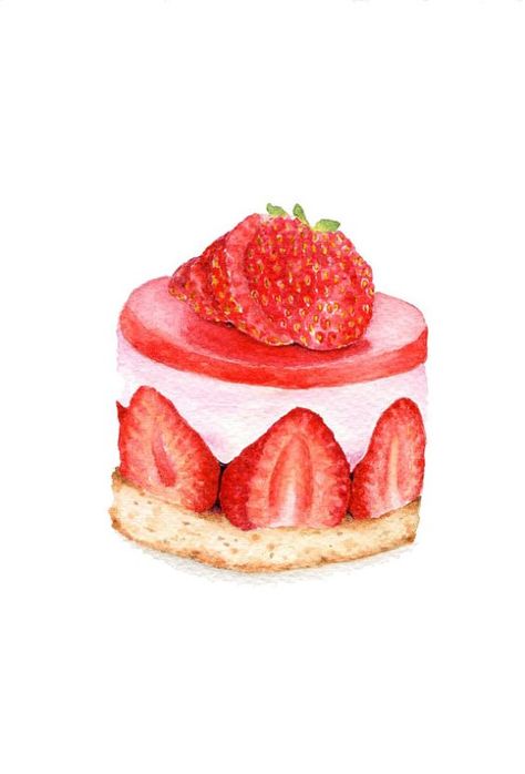 Strawberry Cake Desserts Drawing, Dessert Illustration, Cake Illustration, Food Sketch, Food Illustration Art, Watercolor Food, Cute Food Art, Food Painting, Illustration Food