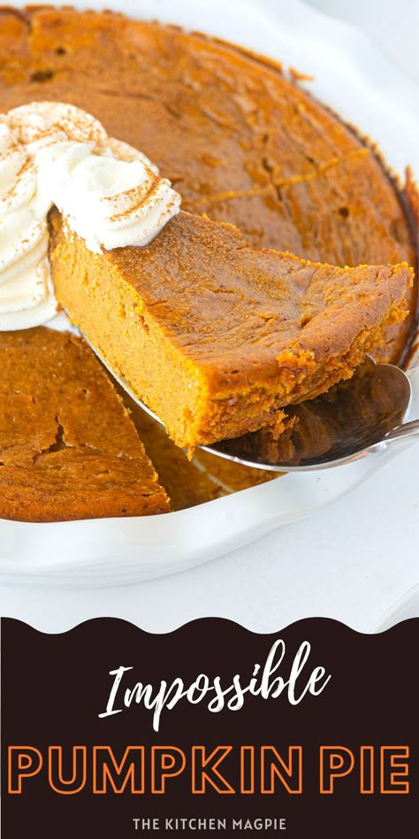 This simple-to-make, home cook-friendly impossible pumpkin pie is not only incredibly easy but super delicious as well! Wait until you see its almost magical crust appear as if from nowhere! There are also three more Bisquick recipes for impossible pies on this website you can try, sweet and savory Gluten Free Impossible Pumpkin Pie, Impossible Desserts, Bisquick Desserts, Impossible Pie Recipes, Easiest Pumpkin Pie, Pumpkin Pie Waffles, Impossible Recipes, Pumpkin Sweets, Impossible Pumpkin Pie