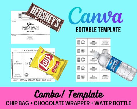 Combo Blank Chip Bag + Chocolate Wrapper + Water Bottle Label Template Digital Templates Design, Diy Chip Bags, Diy Mermaid Birthday Party, Chocolate Template, Personalized Packaging, Balloon Letters, Letters Diy, Chocolate Labels, Chocolate Wrapper