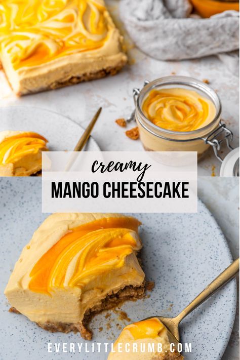 This no bake mango cheesecake is such a dreamy dessert. Simple crust, thick and creamy mango puree swirled filling, easy and delicious! No gelatin required #nobake #cheesecake #mangojars #mangocheesecake Gluten Free Mango Desserts, Baking With Mango, Recipes With Mango Puree, Mango Puree Recipe Desserts, Mango Recipes Dessert, Mango Puree Recipe, Mango Pie No Bake, Keto Mango Cheesecake, Mango No Bake Cheesecake