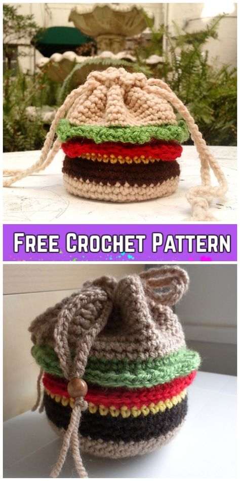 Crochet Burger Drawstring Bag Free Crochet Patterns Crochet Burger, Quick Projects, Mochila Crochet, Crochet Phone Cases, Crocheted Bags, Bags Pattern, Crochet Shell Stitch, Crochet Aesthetic, Crochet Geek