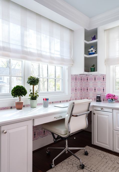 In Good Taste: Marika Meyers Interiors Built In Desk Under Window, Desk Under Window, Windows Sunroom, Marble Top Desk, White Lacquer Desk, Purple Accent Chair, Blue Geometric Wallpaper, Grey And White Bedding, Black Bookshelf