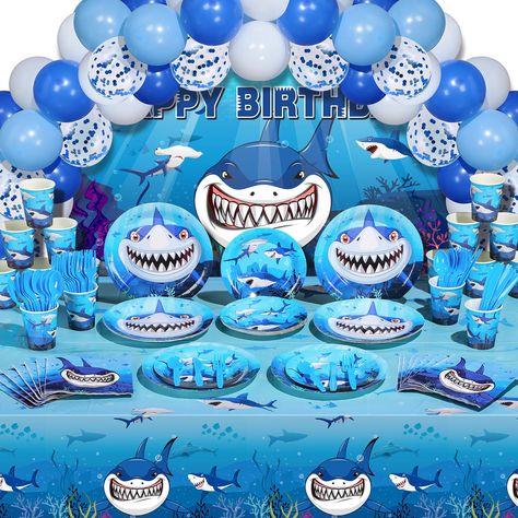 PRICES MAY VARY. Shark Themed Party Design: congrats happy birthday; Transform your party room into blue shark ocean world with this shark birthday decorations set; Designed with cute sharks with grin, blue ocean world, lively and fun, you can hang the shark party background and confetti balloons to add a vivid atmosphere Package Includes: you will get 1 shark party back drop with a 19.7 ft long rope, 2 disposable shark tablecloth, 50 blue ocean balloons, 16 shark party dinner plates, 16 dessert Ocean Balloons, Boys Birthday Theme, Shark Birthday Party Decorations, Shark Themed Birthday, Tablecloth Backdrop, Shark Party Favors, Backdrop Balloons, Shark Party Decorations, Shark Themed Party