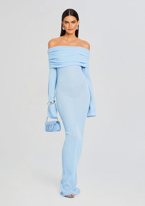 Stay effortlessly chic in SER.O.YA's Galleria Maxi Dress. With its flattering off-the-shoulder silhouette and fold over neckline, this knit maxi dress is a timeless piece that exudes sophistication. Shown here in Powder Blue. 77% Viscose, 23% Polyester Made in China Model is 5'10" wearing size S Style No. 3922-17 ABOUT Maxi Dress Dinner Outfit, Light Blue Elegant Dress, Formal Maternity Dresses, Movie Premiere Dress, China Outfit, Blue Wedding Guest Dress, Maxi Blue Dress, Blue Fitted Dress, Baby Blue Outfit