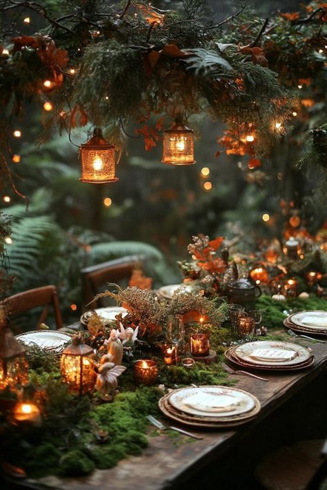 29 Fall Tablescape Ideas for a Warm and Inviting Table Setting 18 Hobbit Themed Thanksgiving, Elegant Tablescape Wedding, Fantasy Table Setting, Enchanted Forest Party Table, Winter Forest Theme Party, Enchanted Forest Theme Christmas, Enchanted Forrest Table Decor, Whimsical Christmas Table Setting Ideas, Enchanted Dinner Party