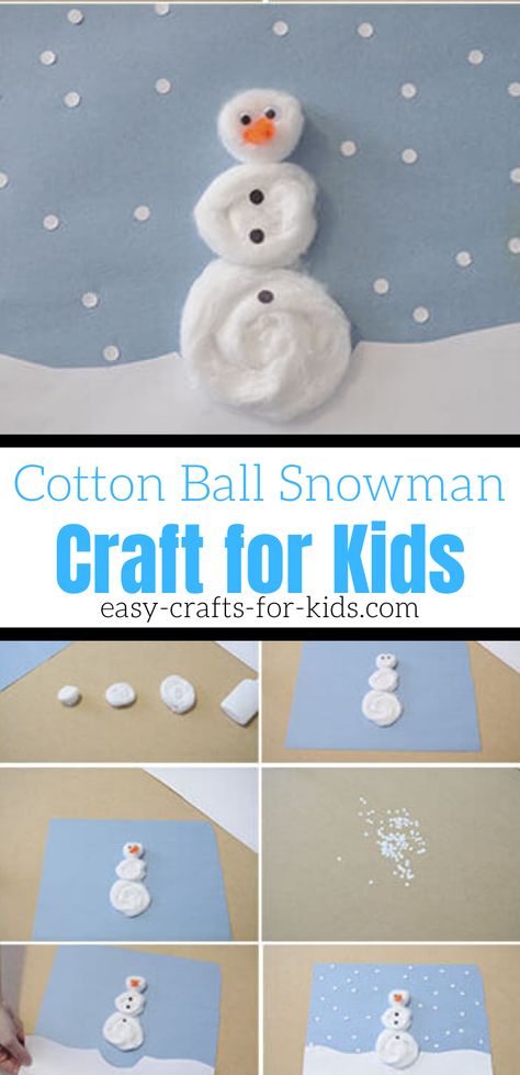 Make a picture with this cotton ball snowman Preschool Construction Paper Crafts, Cotton Ball Snowman, Snowman Craft For Kids, Dorm Crafts, Cotton Ball Crafts, Cool Crafts For Kids, Winter Crafts For Toddlers, Craft Ideas With Paper, Easy Winter Crafts