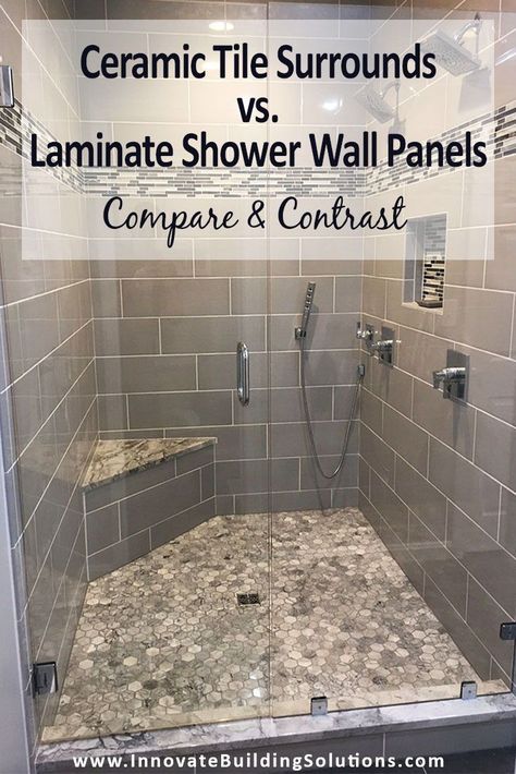 In this article we’ll compare the advantages of laminate wall panels vs. a tile shower and vice versa. You don’t want to miss out on this! | Innovate Building Solutions | Laminate Wall Panels | How to clean tile | Cleaning Grout Lines | Alternatives to Tile | #TileShower #GroutLines #CleaningTile #LaminateWallPanels Laminate Wall Panels, Tub To Shower Conversion, Shower Conversion, Shower Wall Tile, Bathroom Shower Walls, Bathroom Wall Panels, Shower Wall Panels, Shower Surround, Bathroom Remodel Designs