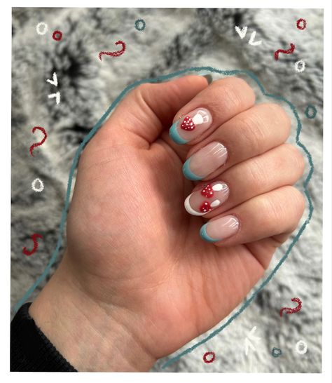 #mushroom #cottagecore #nails #cute #colorful Cottagecore Nails Mushroom, Mushroom Nails Simple, Cottage Core Nails, Mushrooms Nails, Mushroom Nail Art, Cottagecore Nails, Mushroom Nails, Short Red Nails, Mushroom Cottagecore