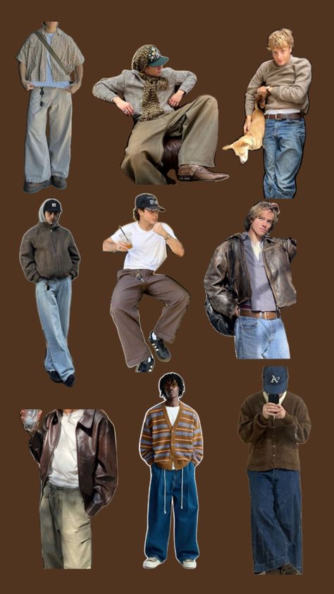 Mens brown outfit inspo Mens Brown Outfit, Brown Streetwear Outfit, Brown Jacket Outfit Men, Mens Skater Style Outfits, Brown Outfit Men, Brown Jacket Outfit, Guys Fashion Casual, Brown Streetwear, Outfit Collage