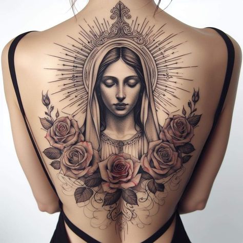 Virgen De Guadalupe Tattoo Ideas Back, Saint Rita Tattoo, Catholic Back Tattoo, Milagros Tattoo, Mary Magdalene Tattoo, White Hand Tattoo, Virgin Mary Tattoo For Women, Immaculate Heart Of Mary Tattoo, Mary Tattoos Catholic