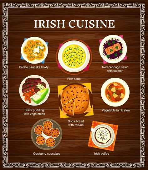 Irish cuisine vector menu with Ireland dishes Red Cabbage Salad, Ireland Food, Irish Dishes, Irish Cuisine, Irish Food, Black Pudding, Lamb Stew, Fish Soup, Salmon Fish