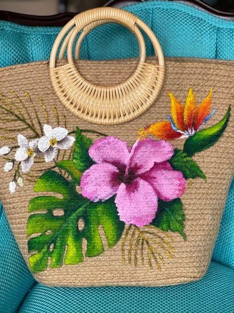 Hand Painted Bags Handbags, Painted Canvas Bags, Handpainted Tote Bags, Painted Handbag, Tote Bag Pattern Free, Tropical Art Print, Painted Purse, Fabric Painting On Clothes, Handpainted Bags