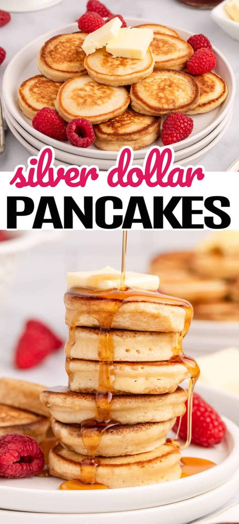 Incredible homemade Silver Dollar Pancakes are delicious when fresh and are also perfect for a quick breakfast or snack during the week! #Realhousemoms #silverdollar #pancakes #breakfast #snacks #backtoschool #weekendbreakfast #sundayfunday #quickandeasy #easyrecipe Silver Dollar Pancakes Recipe, Dollar Pancakes, Brunch Snacks, Raspberry Pancakes, Silver Dollar Pancakes, Chinese Chicken Salad Recipe, Buttermilk Syrup, Freeze Pancakes, Pancake Warmer