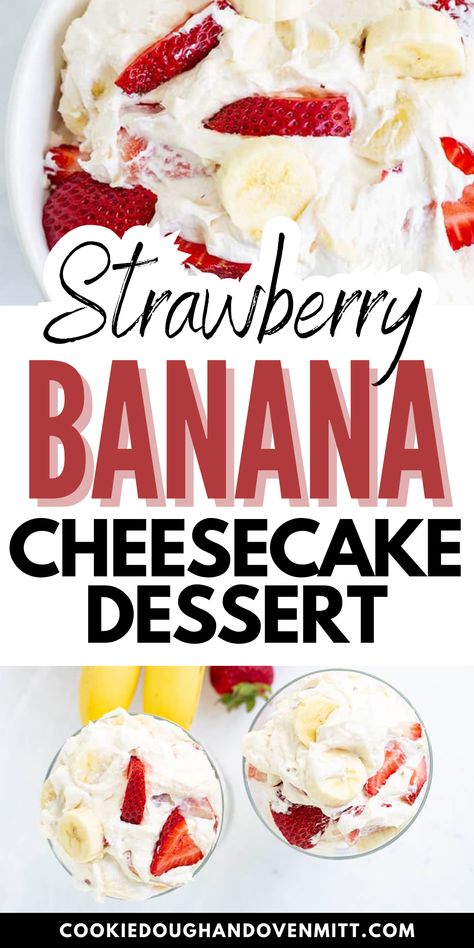 Savor the refreshing blend of strawberry and banana in this light, creamy Strawberry Banana Cheesecake Salad, the perfect treat for hot summer days. This delightful salad, boasting a hint of cheesecake flavor, is great for picnics, potlucks or just as a fun dessert for the grandkids. Serve it in elegant parfait glasses to add a dash of sophistication to any occasion. Banana Cheesecake Parfait, Hot Day Dessert Ideas, Strawberry Banana Cheesecake Dessert, Fruit Whipped Cream Desserts, Cool Whip Desserts With Fruit, Strawberry Banana Cheesecake Pudding Recipes, Strawberry Banana Cheesecake Pudding, Banana And Strawberry Pudding, Banana Strawberry Cheesecake