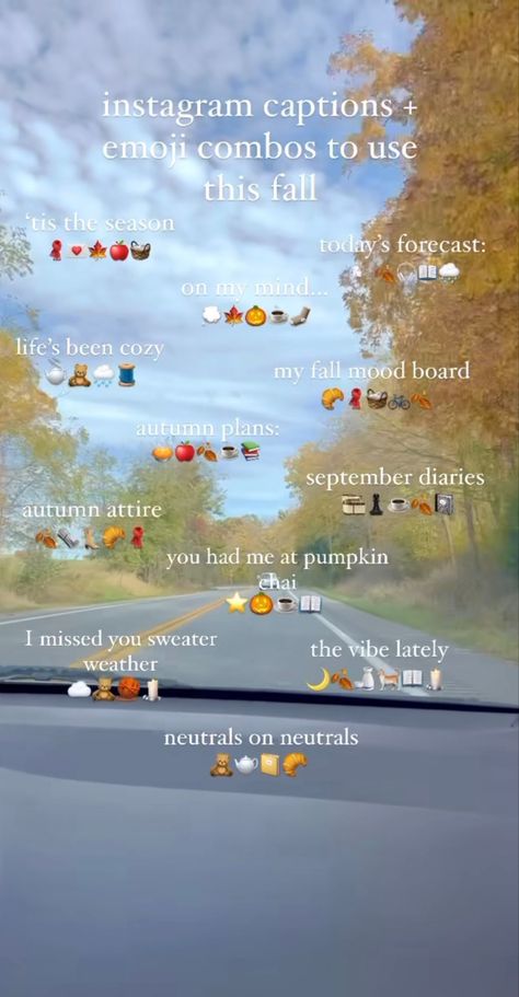 Fall Qoute Insta, Fall Songs For Instagram Story, Camping Emoji Combo, Emoji Combos Instagram, Fall Insta Captions, Instagram Captions Emoji Combos, Fall Emoji Combos, Winter Captions For Instagram, Winter Captions