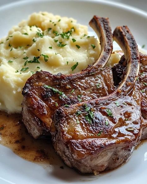 Glazed Lamb Chops, With Mashed Potatoes, Yummy Comfort Food, Elegant Dinner, The Lamb, Creamy Mashed Potatoes, Lamb Chops, Lamb Recipes, Food Goals