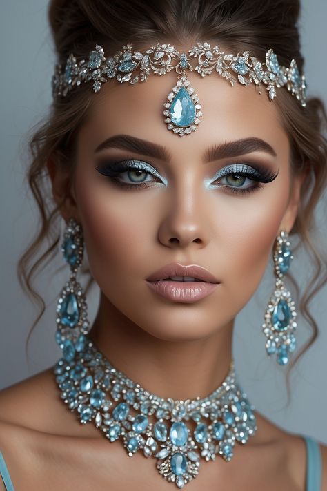 Light Blue Wedding Makeup, Night Prom Makeup, Blue Bridal Makeup, Makeup For Light Blue Dress, Blue Dress Makeup Ideas, Light Blue Prom Makeup, Blue Prom Makeup, Cinderella Makeup, Prom Makeup Ideas