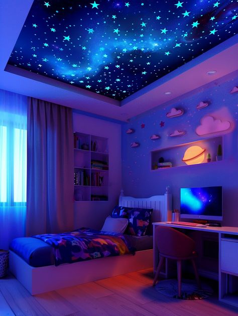 24 Whimsical Ways to Create a Space-Themed Bedroom Haven for Girls - H.M.G Dior Bedroom, Galaxy Bedroom, Galaxy Room, Star Bedroom, Themed Bedrooms, Outer Space Decorations, Space Themed Bedroom, Future Room, Girl Bedroom Designs