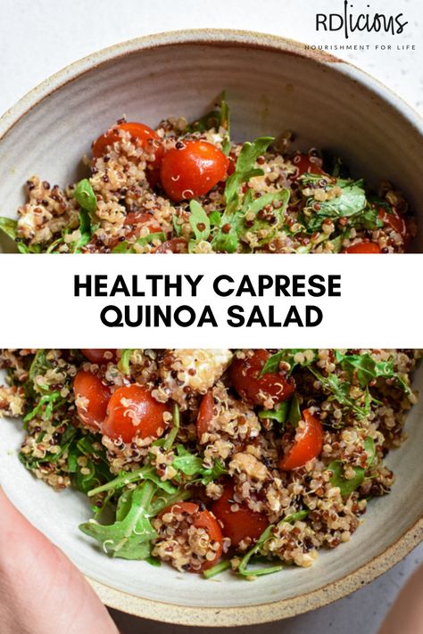 This Caprese Quinoa Salad pairs protein-packed quinoa with creamy mozzarella, crisp arugula, and fresh cherry tomatoes. Caprese Quinoa Salad, Healthy Caprese, Caprese Quinoa, Quinoa Salad Dressing, Easy Summer Dishes, Panzanella Salad Recipe, Tomato Mozzarella Salad, Nutrition Therapy, Whole30 Meal Prep