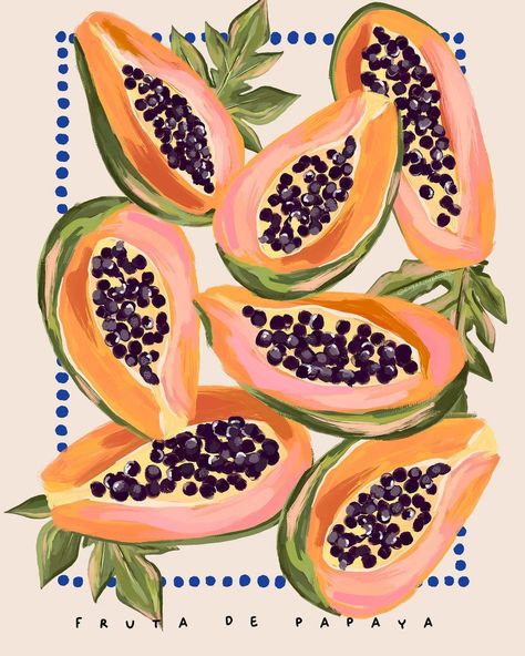 Liz✨Print & Pattern Designer | I Can honestly say I don’t think I’ve ever eaten a papaya in my life, but that doesn’t stop them from being one of my favourite things to… | Instagram Papaya Art Print, Fruit Illustration Art, Papaya Painting, Papaya Illustration, Papaya Print, Papaya Art, Vibe Board, Waxing Salon, Tangled Party