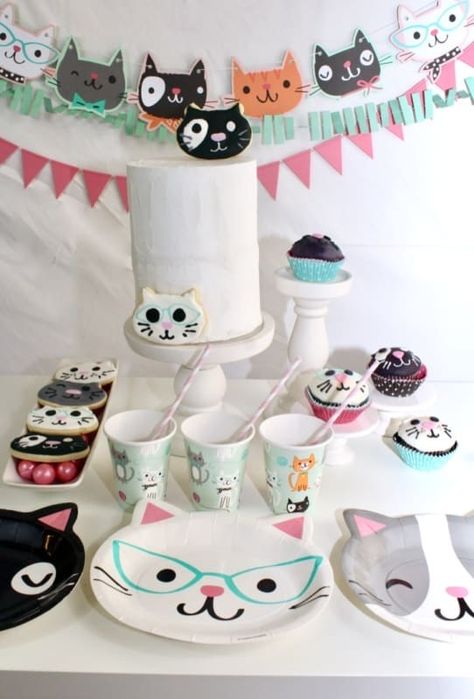 Cat Party Ideas Decorations, Rainbow Cat Party Theme, Cat 2nd Birthday Party, Cat Birthday Party Ideas, Cat Birthday Decorations, Cat Theme Birthday Party, Kitty Themed Birthday Party, Cat Party Ideas, Cat Bday